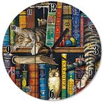 Cakatablo Ahşap Zeminde Kütüphanede Uyuyan Kedi Duvar Saati
