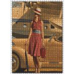 Cakatablo Antika Uçak Araba ve Kırmızı Elbiseli Kadın 1000 Parça Puzzle Yapboz MDF Ahşap