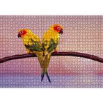 Cakatablo Daldaki Sarı Kırmızı Yeşil Sevda Kuşları Flu Deniz Arka Plan 1000 Parça Puzzle Yapboz MDF Ahşap