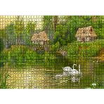 Cakatablo Göl Manzaralı Kulübeler ve Kuğu Çiftiyle Yavruları 1000 Parça Puzzle Yapboz MDF Ahşap