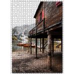 Cakatablo Karlı Dağlar Gölde Kayıklar ve Ahşap Kulübe 1000 Parça Puzzle Yapboz MDF Ahşap