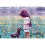 Cakatablo Küçük Kız Sarı Çiçekler ve Yavru Köpek 1000 Parça Puzzle Yapboz MDF Ahşap