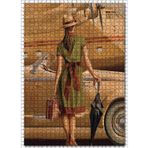 Cakatablo Yeşil Elbiseli Kadın Araba ve Uçak 1000 Parça Puzzle Yapboz MDF Ahşap