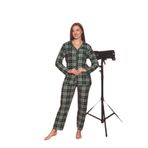 CALİA Ekose Önden Düğmeli Kadın Pijama Takımı, Süet Kumaş, Haki, M Beden