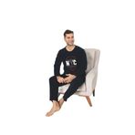 CALİA Erkek Sıfır Yaka Polar Pijama Takımı, Siyah Yazılı, M Beden