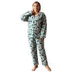 CALİA Kadın Battal Büyük Beden Önden Düğmeli Uzun Kollu Polar Pijama Takımı, Turkuaz Çiçekli, 4XL