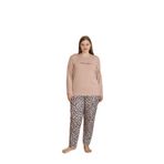 CALİA Kadın Battal Milan Kumaş Pijama Takımı, Uzun Kol, Bej Leopar, 3XL Beden