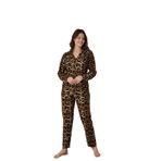 CALİA Kadın Önden Düğmeli Gömlek Yaka Leopar Suet Kumaş Pijama Takımı, XL