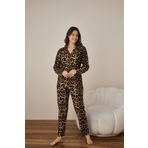 CALİA Kadın Önden Düğmeli Gömlek Yaka Leopar Suet Kumaş Pijama Takımı