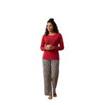CALİA Kırmızı Uzun Kollu Kadın Pijama Takımı, Leopar Desenli Pantolon, XL Beden