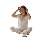 CALİA Menekşe Desenli Yumuşak Tuşe Yazlık Pointelle Pamuklu Örme Pijama Takımı, Pembe-Beyaz, S/M