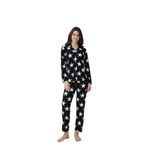 CALİA Önden Düğmeli Gömlek Model Kadın Pijama Takımı, Süet Kumaş, Siyah Yıldızlı, XL