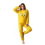 CALİA Welsoft Yumuşak Kumaş Uzun Kollu Sarı Baskılı Kışlık Pijama Takımı, Kadın, M Beden