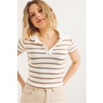 CALİENTE Polo Yaka Çizgili Crop Bluz Vizon