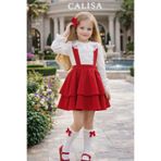 CALİSA Kız Çocuk Kırmızı Askılı Bağlama Jile Elbise Ekru Dantel Kısa Kollu Bluz Abiye Takım 23 Nisan