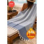 Calmera Çizgili Peştemal Pamuk - Doğal Saçaklı Plaj, Deniz, Havuz, Spa, Sauna, Spor, Seyahat Havlu - Lacivert