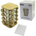 Calperia 16PCS Kare - Döner Standlı Cam - Bambu Kapak Tuzluk - Baharatlık Bambu Stand (5047)