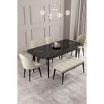 Calvin Siyah Mermer Desen 80X132 Mdf Açılabilir Mutfak Masası Takımı 4 Sandalye, 1 Bench - Krem