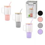 Cam 1000Ml Matara - Suluk Bambu Kapak - Sizdirmaz Silikonlu Çelik Pipet Koruyucu Silikon Altlik - Kilif (5047)