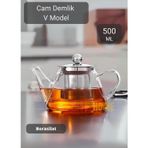 Cam Demlik V Model Bitki Çayı Demliği Çelik Süzgeçli Isıya Dayanıklı Borosilikat 500 ml