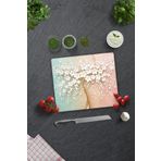 Cam Kesme Tablası - Cam Kesme Tahtası | Beyaz Çiçek - Renkli | 29cm x 34cm