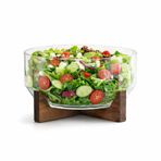 Cam Salata Kasesi ve Akasya Ahşap Stand – Şeffaf Servis Kasesi, Dayanıklı X Form Standlı, Salata ve Meyve Sunum Kasesi