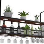 Cam Tutucu ve Spot Işıklı Tavana Monte Şarap Rafı | Metal ve Ahşap Asılı Şarap Şişesi Tutacağı | Şık Asma Şarap Camı Depolama Çözümü