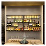 Cam Tutucular ile Duvara Monte Şarap Rafı Metal Şişe Teşhir Rafı Ev veya Bar için Şık Siyah Şarap Nizer 300x20x120cm Yerden Tasarruflu Tasarım