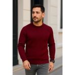 Çamaşır Kenti Erkek Bisiklet Yuvarlak Yaka Triko Kazak Pamuklu Kalın Fitilli Dokuma, Regular Fit Uzun Kollu Kışlık Model - Bordo