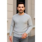 Çamaşır Kenti Erkek Bisiklet Yuvarlak Yaka Triko Kazak Pamuklu Kalın Fitilli Dokuma, Regular Fit Uzun Kollu Kışlık Model - Gri