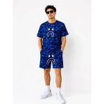 Çamaşır Kenti Erkek Oversize Kalıp Pubg Bape x Shark Nakışlı Cepli Şort Takım - Mavi