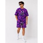 Çamaşır Kenti Erkek Oversize Kalıp Pubg Bape x Shark Nakışlı Cepli Şort Takım - Mor
