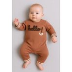 Çamaşır Kenti Hello Nakışlı % 100 Pamuk Erkek Bebek Tulum - Kahverengi