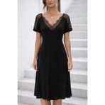 Çamaşır Kenti Kadın Kısa Kollu V Dantel Yakalı Midi Viskon Elbise - Siyah - 2XL - 3XL