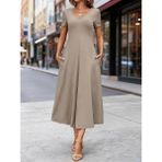 Çamaşır Kenti Kadın Kısa Kollu V Yakalı Cepli Midi Viskon Elbise - Sütlü Kahve - 2XL - 3XL