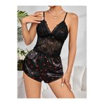 Çamaşır Kenti Kadın Siyah Kırmızı Kalp Desenli Saten Şort Pijama Takımı 2232