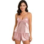 Çamaşır Kenti Koyu Pudra Saten Babydoll Şort Takımı Zarif Kadın Gece Giyim - XL