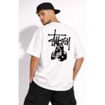Camblys Stussy Bilardo Top Sırt Baskılı Oversize Kalın Kumaş Bol Kalıp Unisex T-Shirt - Beyaz - XS