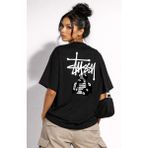 Camblys Stussy Bilardo Top Sırt Baskılı Oversize Kalın Kumaş Bol Kalıp Unisex T-Shirt - Siyah - 2XL