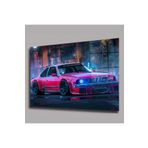Camdan Tablo (1090) Kırmızı BMW Spor Otomobil Tablosu - Neon Işıklı Gece Sürüşü - Dekoratif Duvar Sanatı Görsel 110 x 70