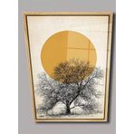 CAMDAN TABLO Ahşap Çerçeve Desenli Minimalist Ağaç ve Güneş Tasarımlı Duvar Dekoru Cam Tablo (90x60 cm)