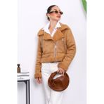 Camel Peluş Kısa Süet Mont - 38