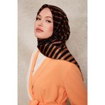 Camel Şerit Desenli Twill İpek Eşarp