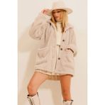 Can Çapar Kadın Çift Cepli Önü Düğmeli Astarsız Oversize Peluş Ceket - Bej