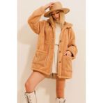 Can Çapar Kadın Çift Cepli Önü Düğmeli Astarsız Oversize Peluş Ceket - Kahverengi