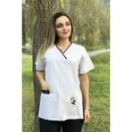 Candaş Tekstil Beyaz Lacivert Detay Mickey Figürlü Nakışlı Grey Red Doktor Hemşire Cerrahi Tek Üst Forma - Renkli
