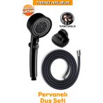 Canero 5 Fonksiyonlu Turbo Fanlı Pervaneli Lüks Duş Başlığı Siyah + Siyah Pvc Hortum