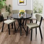 Canisa Agnes Serisi 90 x 90 Yuvarlak Siyah Mermer Desen Masa Takımı ve 4 Krem Sandalye - 90X90