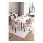 Canisa Are Serisi Beyaz Masa Ceviz Ayak MDF 80x132 Açılabilir Yemek Odası Takımı Gold Halkalı Pembe 6 Sandalye