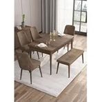 Canisa Are Serisi MDF 80x132 cm Açılabilir Barok Ahşap Desen 4 Sandalye Gold Halkalı ve 1 Bench Kahverengi Mutfak Masası Takımı